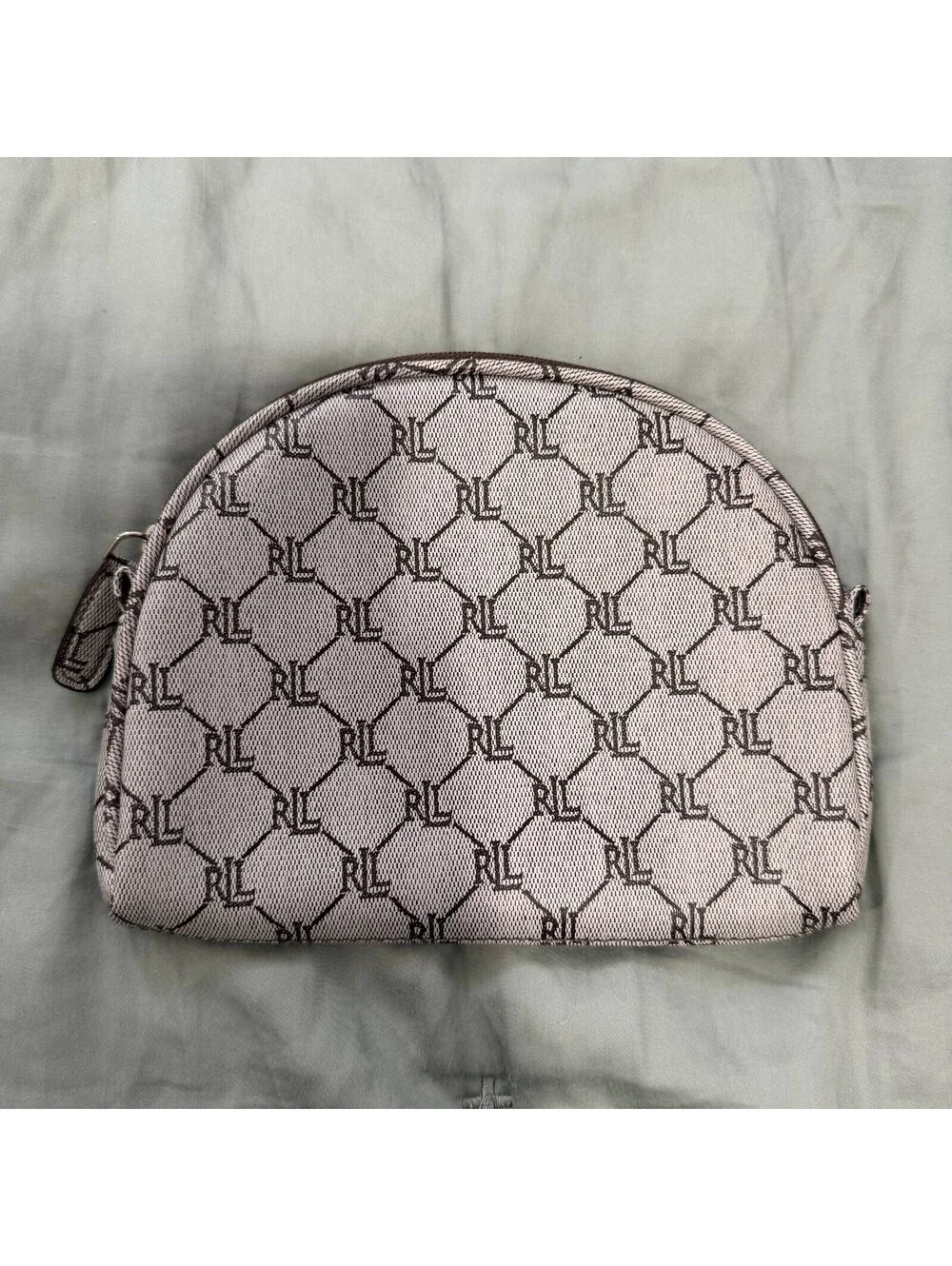 Lauren Ralph Lauren RL Monogram Cosmetic Bag Makeup Pouch Beige Brown Zip